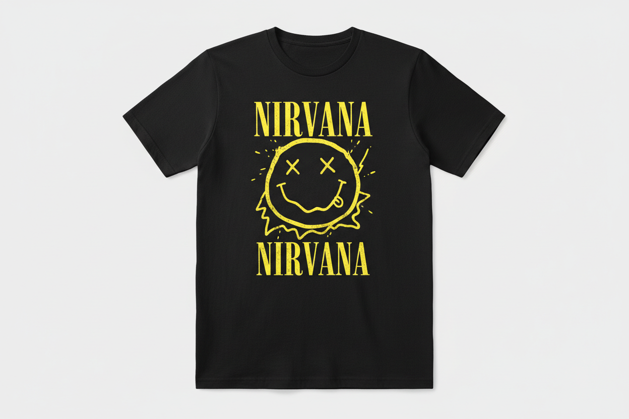 Black t-shirt with yellow Nirvana logo on a black background