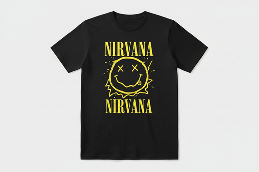 Black t-shirt with yellow Nirvana logo on a black background
